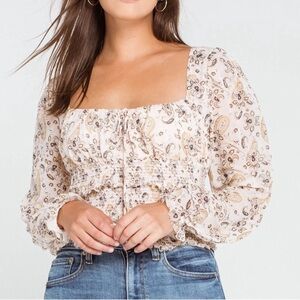 Free People Cream and Brown Floral Top